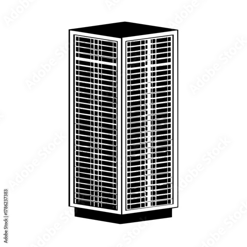 Isometric view of a tall building with a grid pattern on its facade in black and white style design