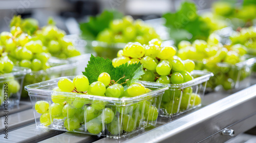 Fresh green grapes packed in transparent containers on production line with green leaves in the background