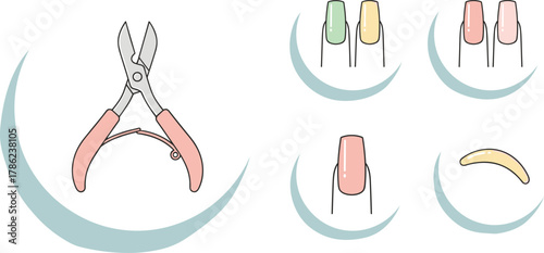 Cuticle nipper tool, nail care illustration, manicure clipper, nail conditions, healthy nails, fungal infection, nail treatment, cartoon style