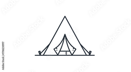Minimalist black line illustration of a camping tent on a white background for creative projects