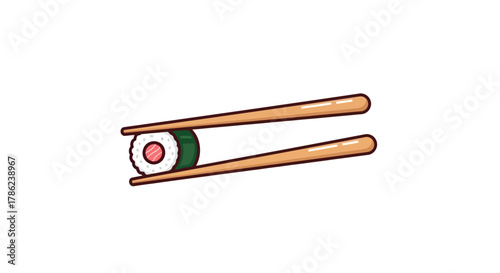 Minimalist sushi roll presentation gripped elegantly with wooden chopsticks on white background