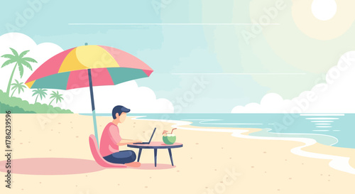 Freelancer Working on Laptop at the Beach Under Umbrella Enjoying Remote Work Lifestyle, Freedom, Relaxation, and Work Life Balance by the Sea