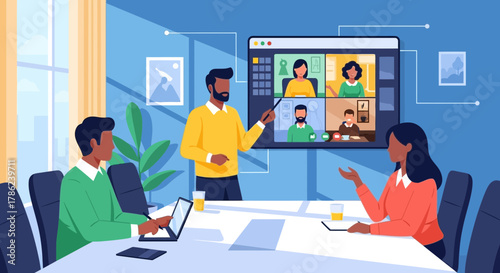 Business Team Having Hybrid Meeting with Video Conference Screen for Remote Collaboration, Project Discussion, and Corporate Communication in Modern Office