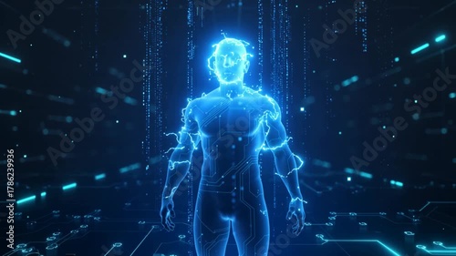 Glowing blue human figure emerging from digital matrix with circuit board elements standing.