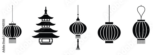 Celebrate Asian culture with these striking black and white lantern and temple icons, perfect for Lunar New Year designs or adding an oriental touch to your project