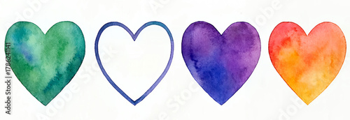 Watercolor hand drawn hearts in a row with white background