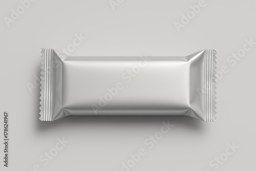 Realistic 3D render of a blank silver foil packaging for a snack bar or chocolate bar,