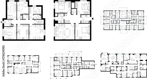 Set of six detailed architectural floor plans, showcasing various housing and business arrangements
