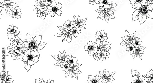 A seamless pattern of delicate floral illustrations in black and white.