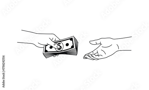 A hand holds a stack of currency and gives it to another outstretched hand.