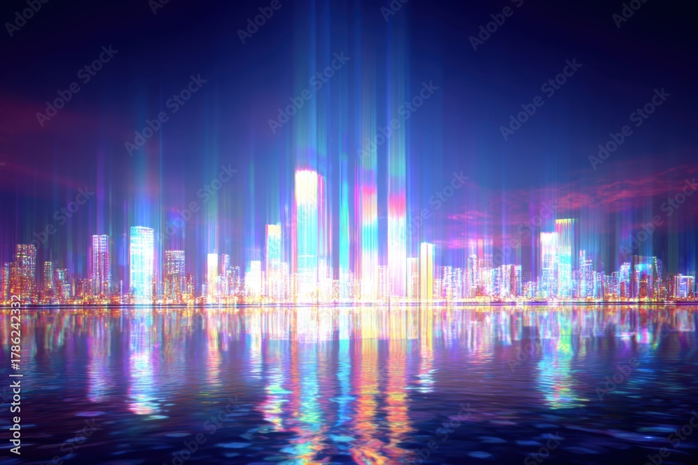 Obraz premium Futuristic Neon Cityscape Reflected on Water at Night with Vivid Lights.
