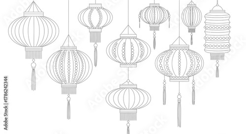 A collection of various traditional Chinese lanterns hang suspended against a white background.