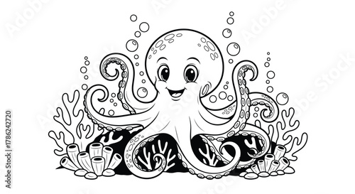 A cute cartoon octopus sits on the ocean floor surrounded by coral and bubbles.