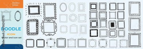 Hand drawn Doodle frames. Vintage doodle sketch picture frame. Blank black square cadre sketches painted by hands vector set