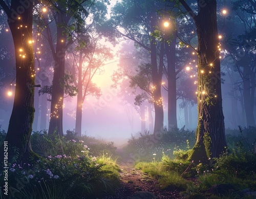 Dreamlike Forest with Floating Lights and a Dreamlike Atmosphere.