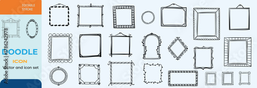 Hand drawn Doodle frames. Vintage doodle sketch picture frame. Blank black square cadre sketches painted by hands vector set