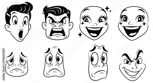 Collection of cartoon faces displaying various emotions and expressions, illustrating different moods.