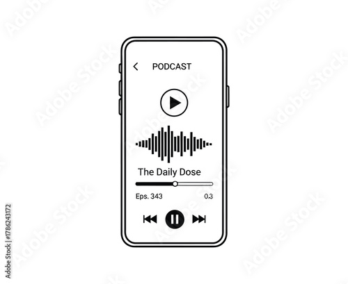 A smartphone displays a podcast app interface with a play button and waveform.