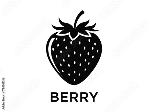 A black and white silhouette of a strawberry with the word BERRY beneath it on a white background.