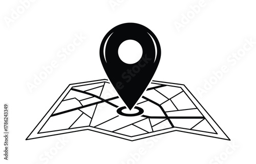 A black map pin icon is placed on a stylized map, indicating a location.