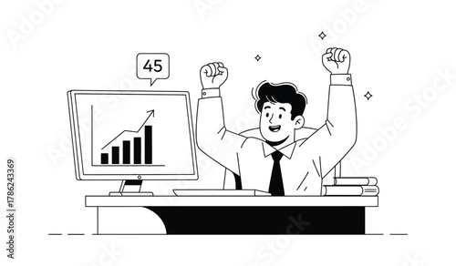 A jubilant man celebrates success while looking at a rising graph on his computer screen.