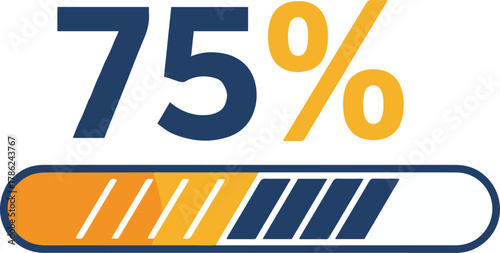 A flat vector progress bar icon showing 75% completion, with large text displaying "75%" and the bar filled three-quarters of the way with blue and orange segments.