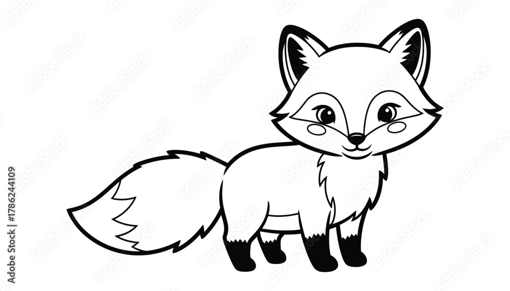 Fototapeta premium A simple cartoon illustration of a fox with a bushy tail and pointed ears stands against a white background.