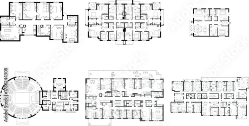 Compilation of six distinct architectural floor layouts