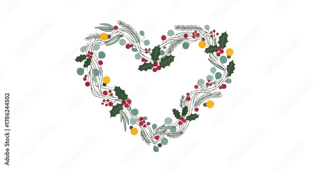 Fototapeta premium A festive heart-shaped wreath composed of winter greenery and berries, perfect for holiday greetings and seasonal celebrations on a white background.