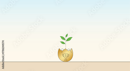 Growth and Success Concept - Green Plant Growing from Golden Trophy Shell Vector Illustration