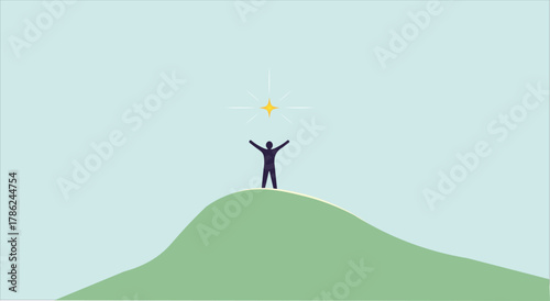 Achievement and Success Concept - Person Reaching Star on Top of Hill Vector Illustration