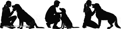Dog, human, silhouette, vector, bond, pet, affection, kneeling, squatting, interaction, black, white, love, loyalty, connection, companionship, animal, care, illustration, design