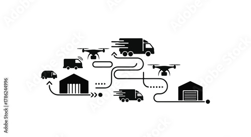 Modern delivery logistics with trucks and drones connecting warehouses and vehicles.