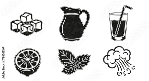 Ice cubes, pitcher, and glass with straw featuring cold drink elements  