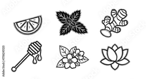 Assorted botanical elements including lemon, honey, and lotus flower  
