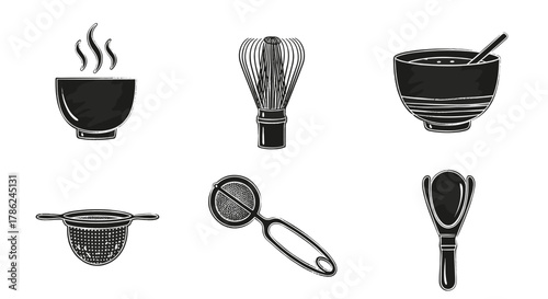 Kitchen utensils for preparing Green Tea in black and white illustration  