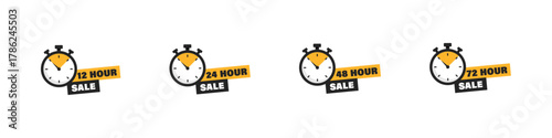 Sale timer icon set. Limited time offer vector set. Collection of stopwatch icons with 12, 24, 48, and 72 hour sale labels. Sale vector illustration for design and print.