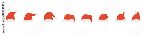 Santa hat icon set. Christmas headwear vector set. Collection of red Santa hats with white trim in various shapes. Santa hat vector illustration for design and print.