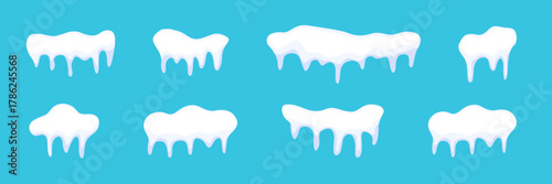 Snow cap icon set. Winter icicle vector set. Collection of snow and ice caps in cartoon style for decoration. Snow cap vector illustration for design and print.