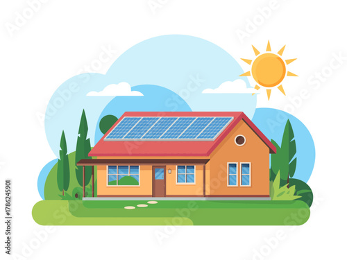 A residential house is powered by solar panels installed on its roof.