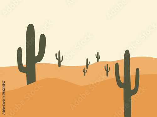 A serene desert landscape featuring iconic saguaro cacti under a pale sky.