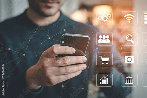 Mobile app development man using smartphone for online shopping banking and social media connection