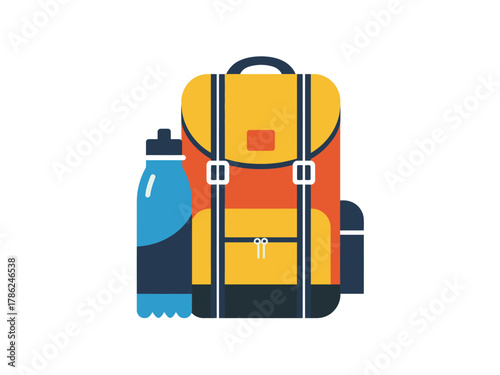 A colorful backpack and water bottle ready for an outdoor adventure.