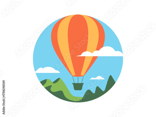 A vibrant hot air balloon drifts serenely over green rolling hills under a clear blue sky.