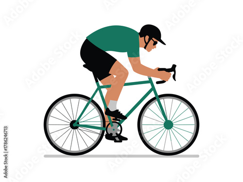 A cyclist in aerodynamic posture rides a bicycle on a white background.