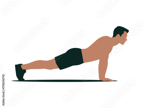 A person performs a push-up exercise on a white background.