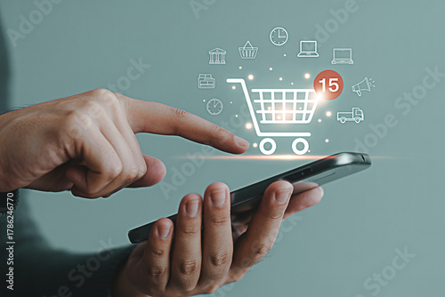 Online shopping mobile app e commerce retail digital marketing technology business concept with smartphone user