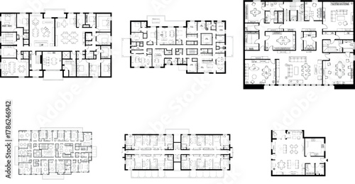Collection of architectural floor plans showing different building layouts