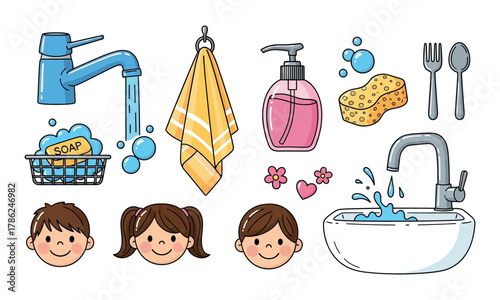 A collection of bathroom items, including soap, faucet, and washbasin. Vector illustration