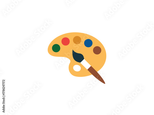 A painter's palette with a brush and colorful paint dots is ready for creation.